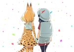  :d animal_ears anime_coloring backpack bag bangs bare_shoulders black_hair black_legwear confetti cowboy_shot elbow_gloves facing_away from_behind gloves grey_shorts hat hat_feather helmet high-waist_skirt highres holding_hands kaban_(kemono_friends) kemono_friends multiple_girls open_mouth orange_gloves orange_hair orange_legwear orange_skirt pantyhose pith_helmet red_shirt serval_(kemono_friends) serval_ears serval_print serval_tail shirt short_hair short_sleeves shorts skirt sleeveless sleeveless_shirt smile standing tail thighhighs tomato_(lsj44867) walking white_background white_hat white_shirt 