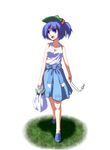  :d bag blue_eyes blue_footwear blue_hair blue_skirt breasts cleavage clothes_around_waist collarbone eyebrows_visible_through_hair full_body green_hat hair_bobbles hair_ornament hat holding kawashiro_nitori key long_hair medium_breasts open_mouth ryosios shirt simple_background skirt sleeveless sleeveless_shirt smile solo standing touhou twintails walking white_background white_shirt 