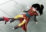  black_eyes black_hair bow check_commentary commentary commentary_request dragon_ball dragon_ball_heroes karoine monkey_tail note_(dragon_ball) ponytail saiyan tail tail_grab thighhighs 