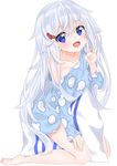  :d bangs bare_shoulders barefoot blue_eyes blue_shirt blush breasts collarbone commentary_request eyebrows_visible_through_hair full_body hair_between_eyes hair_flaps hair_ornament hairclip hand_on_leg hashiko_nowoto highres kneehighs long_hair long_sleeves looking_at_viewer off_shoulder open_mouth original pajamas pillow print_pajamas print_shirt shirt silver_hair simple_background small_breasts smile solo tareme v very_long_hair white_background 