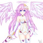  absurdres artist_name bare_shoulders blue_eyes breasts cleavage cosplay elbow_gloves flower four_goddesses_online:_cyber_dimension_neptune gloves hair_flower hair_ornament halo highres holding holding_sword holding_weapon jewelry long_hair looking_at_viewer medium_breasts nepgear neptune_(series) power_symbol purple_hair purple_heart purple_heart_(cosplay) purple_sister rhapsofree simple_background smile solo sword symbol-shaped_pupils thighhighs very_long_hair weapon white_background white_gloves white_legwear wings 