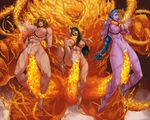  3girls abs ahegao ahoge asphyxiation barefoot blue_hair braid breast_squeeze breasts brown_hair clenched_teeth elemental_(creature) elf fire green_hair hetero huge_penis lactation large_breasts long_hair monster multiple_girls multiple_penises muscle muscular_female night_elf nude penis pointy_ears purple_skin sex short_hair single_braid strangling sweat teeth tentacles toned tongue tongue_out vaginal warcraft xxoom 