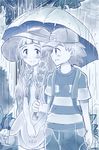  1girl blush braid couple dress hat hetero holding holding_umbrella kuriyama lillie_(pokemon) long_hair monochrome pokemon pokemon_(anime) pokemon_sm_(anime) rain satoshi_(pokemon) shared_umbrella short_hair sun_hat sundress twin_braids umbrella 