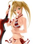  :d aestus_estus bangs bikini blonde_hair blush breasts collarbone commentary_request cowboy_shot criss-cross_halter eyebrows_visible_through_hair fate/grand_order fate_(series) from_side green_eyes hair_intakes halter_top halterneck hammerman_benkei holding holding_sword holding_weapon large_breasts long_hair looking_at_viewer nero_claudius_(fate)_(all) nero_claudius_(swimsuit_caster)_(fate) open_mouth red_bikini sidelocks simple_background smile solo striped striped_bikini swimsuit sword twintails underboob weapon white_background 