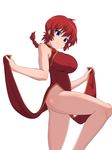  1girl ass bare_legs blue_eyes braid breasts china_dress chinese_clothes dress dress_lift genderswap genderswap_(mtf) highres large_breasts leg_up long_hair nanashi_maru no_panties ponytail ranma-chan ranma_1/2 red_hair saotome_ranma side_slit simple_background single_braid smile solo white_background 