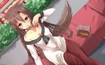  animal_ears bare_shoulders breasts brooch brown_hair cleavage day dress dutch_angle eating food hair_between_eyes himura_1129 imaizumi_kagerou jewelry long_hair long_sleeves medium_breasts outdoors red_eyes solo tail touhou wolf_ears wolf_tail yakitori 
