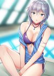  anastasia_(idolmaster) armband bare_shoulders between_legs bikini bikini_under_clothes blue_eyes blue_vest blurry blurry_background breasts cleavage collarbone commentary_request eyelashes hair_between_eyes hand_between_legs idolmaster idolmaster_cinderella_girls indoors jewelry knee_up medium_breasts navel necklace off_shoulder open_clothes open_mouth open_vest pendant pool purple_bikini rei_no_pool short_hair side-tie_bikini silver_hair sitting solo swimsuit thighs umihotaru_harumare vest water zipper zipper_pull_tab 