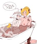  animal_ears bathing bathtub blonde_hair blush breasts bunny_(d-rex) bunny_and_fox_world bunny_ears bunny_tail cow_ears cow_horns cow_tail d-rex english headdress height_difference highres holding holding_sponge horns large_breasts long_hair looking_at_another multiple_girls navel nipples nude original parted_lips partially_submerged pink_lips ponytail red_eyes rubber_duck shared_bathing sitting sitting_on_lap sitting_on_person small_breasts speech_bubble sponge tail transparent_background water white_hair yellow_eyes yuri 