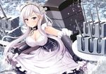  apron azur_lane belfast_(azur_lane) blush braid breasts cleavage commentary_request french_braid kanzaki_kureha large_breasts long_hair looking_at_viewer machinery maid maid_apron maid_headdress ocean silver_eyes silver_hair skirt skirt_lift solo turret 