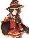  black_gloves black_hair cape collar dress eyepatch fingerless_gloves gloves hat highres kono_subarashii_sekai_ni_shukufuku_wo! megumin red_dress red_eyes short_dress short_hair short_hair_with_long_locks solo staff witch_hat yuuki_nao_(pixiv10696483) 