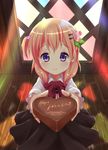  bangs black_skirt blush bow bowtie chocolate chocolate_heart closed_mouth collared_shirt commentary english eyebrows_visible_through_hair food foreshortening gochuumon_wa_usagi_desu_ka? hair_bobbles hair_ornament hairclip heart highres holding holding_food hoto_cocoa incoming_gift indoors long_hair long_sleeves looking_at_viewer one_side_up orange_hair pink_vest purple_eyes rabbit_house_uniform red_neckwear shirt skirt smile solo standing valentine vest white_shirt wing_collar wooden_floor youthpaint 