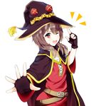  ;d black_gloves black_hair brown_hair cape dress fingerless_gloves gloves hat kono_subarashii_sekai_ni_shukufuku_wo! looking_at_viewer megumin one_eye_closed open_mouth red_dress red_eyes shiromeneko short_hair short_hair_with_long_locks sidelocks simple_background smile solo v-shaped_eyebrows white_background witch_hat 