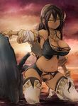  areola_slip areolae azur_lane backlighting bangs bare_shoulders belly blush boots bracelet braid breasts brown_hair brown_legwear bursting_breasts cleavage cloud cloudy_sky commentary_request crop_top crotchless_clothes dark_skin expressionless feathers gloves gradient_sky grumpy hair_between_eyes hair_ornament hand_on_own_thigh hips jewelry kneeling long_hair looking_at_viewer medium_breasts mismatched_pubic_hair moderate_pubic_hair native_american navel necklace nipple_slip nipples no_panties ocean on_water orange_sky pendant pink_sky pubic_hair purple_sky rubble shiny shiny_hair shiny_skin skindentation sky solo south_dakota_(azur_lane) sunset thigh_boots thighhighs thighs very_long_hair water wet white_footwear white_gloves wide_hips yellow_eyes yohane 