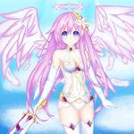  absurdres bare_shoulders blue_eyes blue_sky breasts cleavage cloud cosplay day elbow_gloves feathers flower four_goddesses_online:_cyber_dimension_neptune gloves hair_flower hair_ornament halo highres holding holding_sword holding_weapon jewelry long_hair looking_at_viewer medium_breasts nepgear neptune_(series) power_symbol purple_hair purple_heart purple_heart_(cosplay) purple_sister rhapsofree sky smile solo sword symbol-shaped_pupils thighhighs very_long_hair weapon white_gloves white_legwear wings 