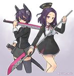  black_legwear cowboy_shot cropped_legs eyepatch glaive gradient gradient_background grey_background hair_intakes headgear highres holding holding_weapon kantai_collection left-handed mechanical_halo multiple_girls necktie omochi_(pettan_omochi) polearm pose purple_eyes purple_hair school_uniform short_hair simple_background skirt sword tatsuta_(kantai_collection) tenryuu_(kantai_collection) thighhighs twitter_username weapon yellow_eyes 