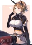  black_jacket blush border breasts brown_hair cosplay elbow_gloves fingerless_gloves gloves green_eyes hand_to_own_mouth headgear heart jacket juurouta kantai_collection large_breasts long_sleeves looking_at_viewer midriff miniskirt mutsu_(kantai_collection) nagato_(kantai_collection) nagato_(kantai_collection)_(cosplay) navel one_eye_closed outside_border pink_background remodel_(kantai_collection) short_hair simple_background sitting skirt solo white_border 