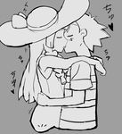  1girl couple french_kiss greyscale hat hetero kiss kuriyama lillie_(pokemon) long_hair monochrome pokemon pokemon_(anime) pokemon_sm_(anime) satoshi_(pokemon) sun_hat 