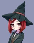  blue_background blush brown_eyes closed_mouth collared_shirt commentary danganronpa eyebrows_visible_through_hair eyes_visible_through_hair frown hair_ornament hairclip hat kai_himo long_sleeves looking_at_viewer new_danganronpa_v3 pout red_hair robe shirt short_hair simple_background solo upper_body witch witch_hat yumeno_himiko 