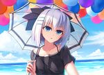  :o aoi_kao_(lsz7106) balloon beach black_shirt blue_eyes blue_sky cloud collarbone date_a_live day hair_ornament hairclip highres holding looking_at_viewer ocean outdoors parasol shirt short_hair silver_hair sky solo t-shirt tobiichi_origami umbrella upper_body 