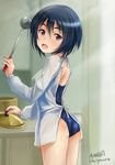 apron artist_name ass bangs black_hair blue_swimsuit blurry blurry_background brave_witches cooking cowboy_shot depth_of_field from_behind haruhata_mutsuki holding kitchen ladle long_sleeves looking_at_viewer looking_back one-piece_swimsuit open_mouth pot purple_eyes school_swimsuit shimohara_sadako short_hair signature solo standing swimsuit twitter_username world_witches_series 