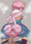  1girl anus ashido_mina ass black_sclera bodysuit boku_no_hero_academia breasts censored clothed_sex cum cum_in_pussy from_behind fur_trim highres horns nipples penis pink_hair pink_skin pussy sex short_hair solo squatting torn_bodysuit vaginal veiny_penis vest yellow_eyes 