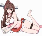 barefoot bikini breasts brown_hair cherry_blossoms cleavage headgear highres kantai_collection large_breasts long_hair looking_at_viewer lying navel on_side open_mouth ponytail red_eyes sarong shingyo simple_background solo swimsuit thigh_strap white_background white_bikini yamato_(kantai_collection) 
