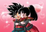  1girl beat_(dragon_ball) black_eyes black_hair blush dragon_ball dragon_ball_heroes highres hug karoine kiss note_(dragon_ball) open_mouth ponytail saiyan tail 