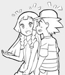  1girl bangs baseball_cap braid grey_background greyscale hat kuriyama lillie_(pokemon) lineart long_hair monochrome open_mouth pokemon pokemon_(anime) pokemon_sm_(anime) satoshi_(pokemon) simple_background 