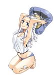  arms_up bare_arms bare_legs bare_shoulders barefoot blue_eyes breasts cleavage fairy_tail feet full_body large_breasts laxus_dreyar leg_tattoo long_hair looking_at_viewer mashima_hiro mirajane_strauss navel no_bra panties pillow pillow_fight seiza sideboob simple_background sitting smile solo stomach tank_top tattoo underwear white_background white_hair 