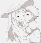  1girl :d cheek_kiss closed_eyes facing_another hat hetero kiss kuriyama lillie_(pokemon) long_hair monochrome open_mouth pokemon pokemon_(anime) pokemon_sm_(anime) satoshi_(pokemon) smile standing sun_hat 