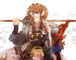  armor asama_(fire_emblem_if) blood blood_on_face bloody_clothes bloody_weapon blue_hair fire_emblem fire_emblem_if holding holding_weapon looking_at_viewer male_focus setsuna_(fire_emblem_if) shourou_kanna simple_background solo wavy_hair weapon white_background 