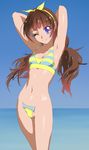  ;) amanogawa_kirara armpits arms_behind_head arms_up bangs blue_sky blunt_bangs blush breasts brown_hair c-string cleavage closed_mouth colored_stripes commentary_request cowboy_shot day go!_princess_precure hair_ribbon hairband highres long_hair looking_at_viewer multicolored multicolored_bikini_top nadeara_bukichi navel ocean one_eye_closed outdoors precure purple_eyes ribbon sky small_breasts smile solo standing stomach striped striped_bikini_top tareme thighs water yellow_hairband yellow_ribbon 