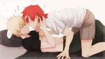  2boys bakugou_katsuki blush boku_no_hero_academia kirishima_eijirou lying male_focus maneki-neko_(fujifuji) multiple_boys pillow red_hair tagme undressing yaoi 