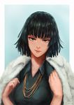  artist_name bangs black_hair blunt_bangs breasts coat collarbone collared_dress dress eyelashes fubuki_(one-punch_man) fur-trimmed_coat fur_coat fur_trim green_dress green_eyes half-closed_eyes hand_up hands_up isaac_liew jacket_on_shoulders jewelry lips long_sleeves looking_at_viewer medium_breasts necklace nose one-punch_man open_clothes open_coat parted_lips pink_lips short_hair signature smile solo upper_body upper_teeth wing_collar winter_clothes 