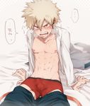  1boy abs bakugou_katsuki bed blush boku_no_hero_academia bulge crotch looking_at_viewer male_focus maneki-neko_(fujifuji) muscle sitting steam student sweat tagme underwear undressing 