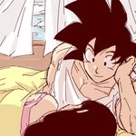  1girl back_turned bed_sheet black_eyes black_hair chi-chi_(dragon_ball) cloud cloudy_sky couple curtains dragon_ball happy hetero looking_at_another looking_down lying miiko_(drops7) out_of_frame pink_shirt shirt sketch sky smile son_gokuu white_shirt window 