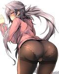 ass bangs bent_over blush breasts cameltoe commentary_request hair_between_eyes large_breasts long_hair long_ponytail looking_back nose_blush original outline panties panties_under_pantyhose pantyhose parted_lips pink_eyes ribbed_sweater shiny shiny_hair silver_hair simple_background solo sweatdrop sweater thighband_pantyhose translation_request underwear usuki_(graygreed) white_background 