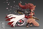  artist_name baiken breasts cleavage collarbone dark_skin eyepatch guilty_gear guilty_gear_xrd large_breasts looking_at_viewer parted_lips ponytail red_eyes red_hair sandals sheath sheathed solo squatting sword tansan_daisuki weapon 