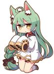  ahoge akashi_(azur_lane) animal_ears azur_lane bell bell_choker bow braid cat_ears chibi choker commentary green_hair hair_bow hair_ornament kneeling long_hair long_sleeves looking_at_viewer mole mole_under_eye naga_u open_mouth paw_print sleeves_past_wrists solo yellow_eyes 