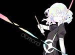  androgynous artist_name black_background character_name diamond_(houseki_no_kuni) elbow_gloves eyebrows_visible_through_hair gem_uniform_(houseki_no_kuni) gleam gloves highres holding holding_sword holding_weapon houseki_no_kuni litsvn looking_at_viewer multicolored_hair necktie rainbow_hair short_hair short_sleeves simple_background smile solo sword upper_body weapon 