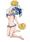  :d bikini blue_bikini blue_eyes blue_hair bow breasts commentary_request hair_bow hair_ribbon highres holding jumping koutarou_(plusdrive) large_breasts looking_at_viewer magia_record:_mahou_shoujo_madoka_magica_gaiden mahou_shoujo_madoka_magica navel open_mouth pom_poms ribbon side_ponytail simple_background smile solo swimsuit underboob utsuho_natsuki visor_cap white_background 