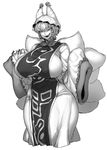  animal_ears bouncing_breasts breasts commentary_request covered_nipples cropped_legs dress eyebrows_visible_through_hair fox_ears fox_tail frilled_shirt_collar frilled_sleeves frills greyscale grin hat head_tilt highres huge_breasts long_sleeves looking_at_viewer monochrome multiple_tails pillow_hat sharp_teeth short_hair simple_background sleeves_past_wrists slit_pupils smile solo space_jin standing tabard tail teeth touhou white_background wide_sleeves yakumo_ran 