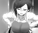  apron breasts commentary_request glasses greyscale hair_ornament hairclip highres large_breasts long_sleeves looking_at_viewer monochrome open_mouth original saeki_haruko solo take_(shokumu-taiman) tied_hair 