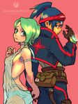  1girl breasts breath_of_fire breath_of_fire_v detached_wings dress facial_mark full_body_tattoo green_eyes green_hair highres holding_hands medium_breasts nanashi_(otaku_rock_n_roll) nina_(breath_of_fire_v) panties ryuu_(breath_of_fire_v) see-through short_hair sideboob tattoo underwear white_dress wings 