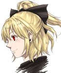  absurdres bangs black_bow blonde_hair blush bow brown_dress closed_mouth commentary_request dress face hair_between_eyes hair_bow highres kurodani_yamame lian_gui nose ponytail profile red_eyes short_hair sidelocks simple_background smile solo touhou turtleneck white_background 
