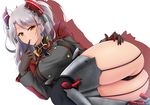  antenna_hair ass azur_lane bangs black_jacket black_legwear black_panties breasts brown_gloves denpa_(denpae29) eyebrows_visible_through_hair finger_to_mouth garter_straps gloves hand_on_own_ass hand_up headgear iron_cross jacket large_breasts long_hair long_sleeves looking_at_viewer lying military military_uniform on_side orange_eyes panties parted_bangs parted_lips prinz_eugen_(azur_lane) shadow shiny shiny_hair silver_hair simple_background skindentation solo taut_clothes thighhighs two_side_up underwear uniform white_background 