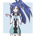  :d atair bare_shoulders blue_hair blush bodysuit commentary_request covered_navel elbow_gloves gloves hair_between_eyes headphones heart heart_hands kazanari_tsubasa long_hair looking_at_viewer one_side_up open_mouth purple_eyes senki_zesshou_symphogear smile solo thighhighs 