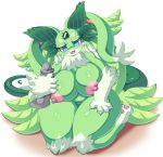 anthro blush breasts carbuncle dildo earth_light_carbuncle female fur gem green_eyes green_fur hi_res kemono mammal mrsk nipples nude open_mouth puzzle_&amp;_dragons sex_toy smile solo tuft video_games white_fur 