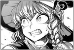  1girl bangs black_border blouse border braid clenched_teeth close-up commentary debris eyebrows_visible_through_hair face greyscale hair_between_eyes hair_ribbon hat kirisame_marisa long_hair looking_afar looking_away looking_to_the_side monochrome ribbon sanpaku solo space_jin teeth touhou tress_ribbon vest white_background wide-eyed witch_hat 
