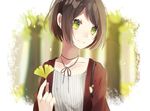  bangs brown_hair cardigan closed_mouth collarbone commentary_request eyebrows_visible_through_hair ginkgo green_eyes hachimitsu_honey highres holding holding_leaf leaf open_cardigan open_clothes original short_hair sidelocks smile solo upper_body 
